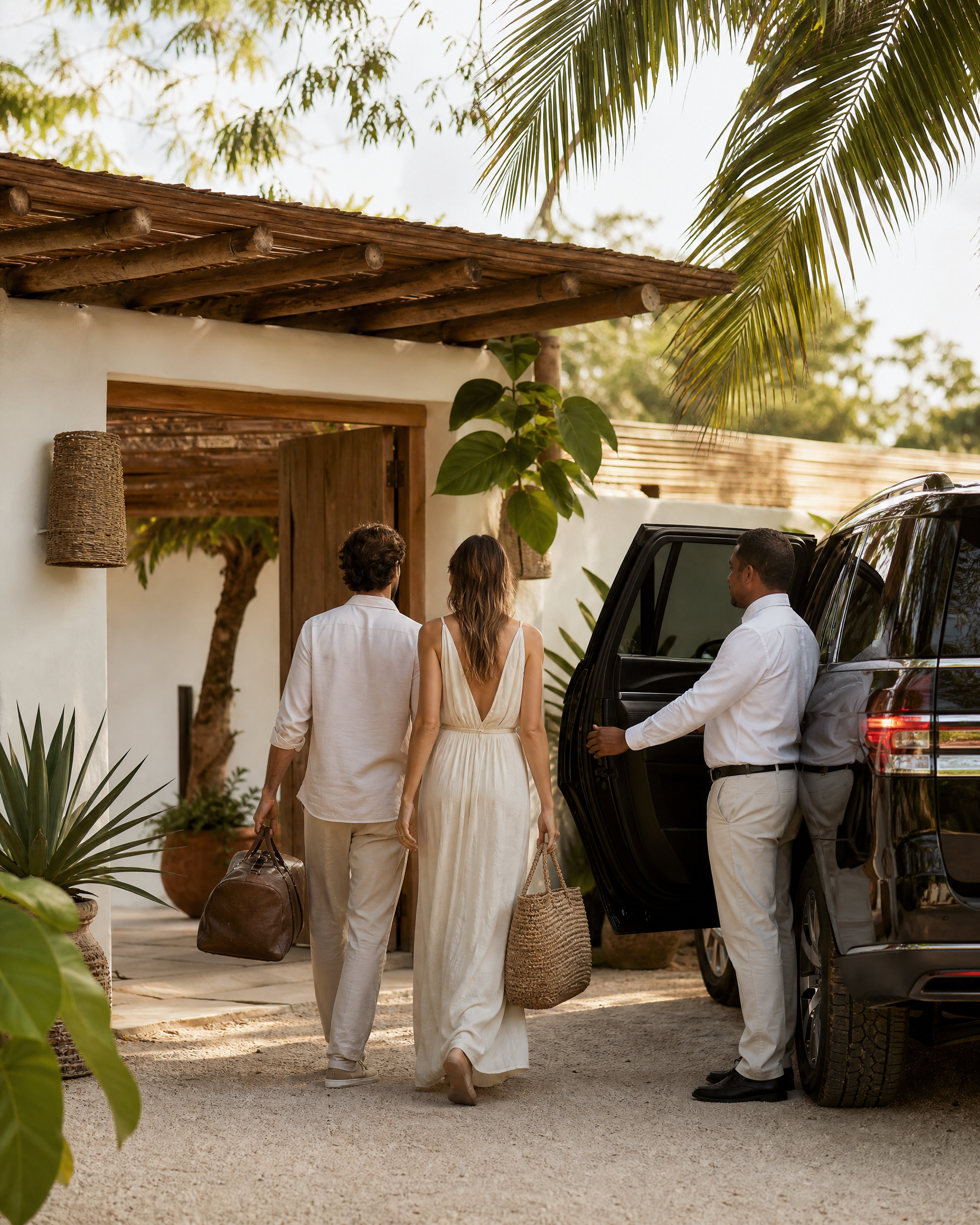 Chegada acolhedora de viajantes em hospedagem de Trancoso
